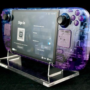 Steam Deck transparente azul y morado personalizado con botones morados atómicos transparentes