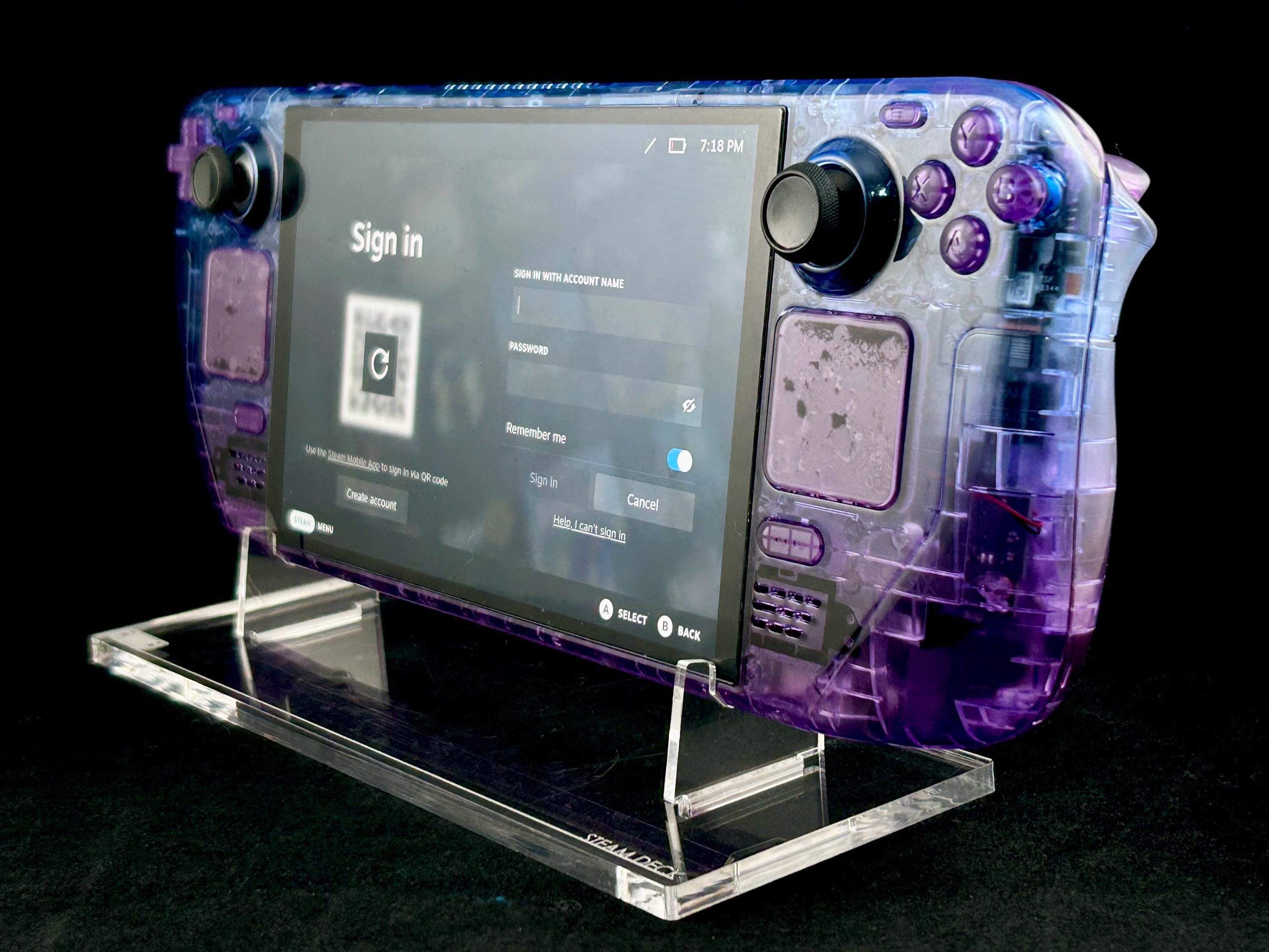 Custom Blue and Purple Transparent Steam Deck with Clear Atomic Purple Buttons