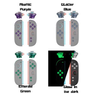 May include: Four sets of gaming controller accessories are displayed. The top left shows Atomic Purple, the top right Glacier Blue, the bottom left Emerald Green, and the bottom right Glow in the dark. Each set includes a pair of thumbsticks and a controller.
