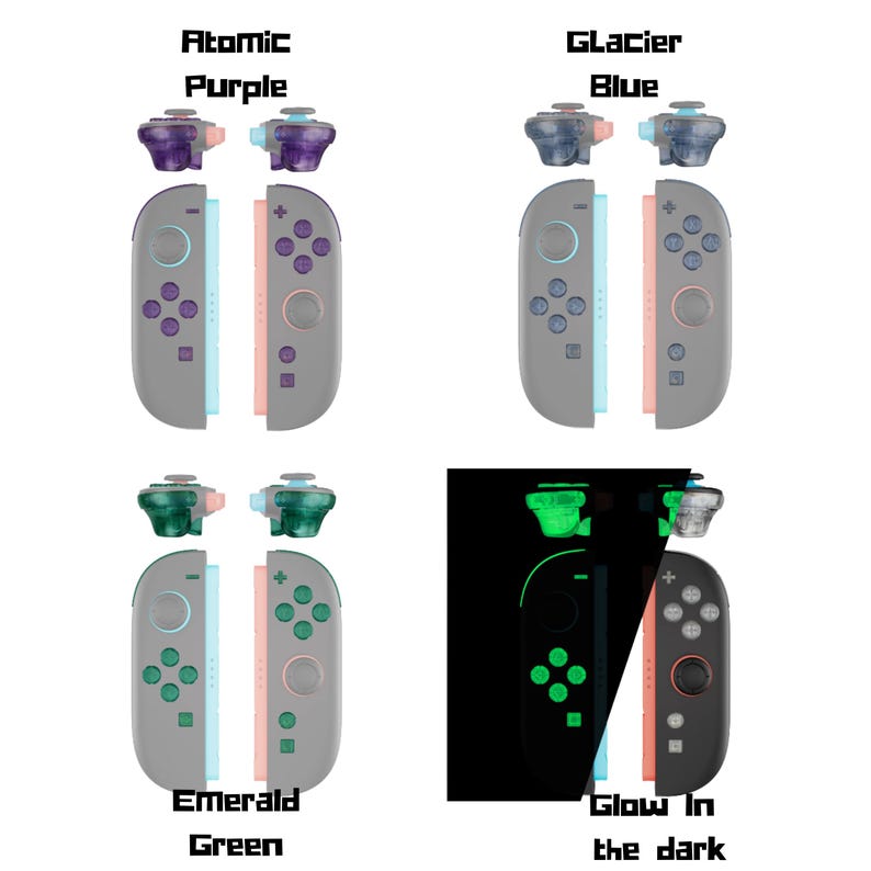 May include: Four sets of gaming controller accessories are displayed. The top left shows Atomic Purple, the top right Glacier Blue, the bottom left Emerald Green, and the bottom right Glow in the dark. Each set includes a pair of thumbsticks and a controller.