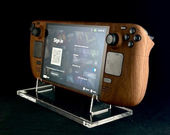 Steam Deck personalizzato effetto legno con pulsanti neri trasparenti: elegante mod per console di gioco retrò