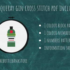 May include: A cross stitch pattern for a Tanqueray gin bottle. The pattern includes a color block pattern, a color numbers pattern, a numbers pattern, and an information sheet. The pattern is available as a PDF download.