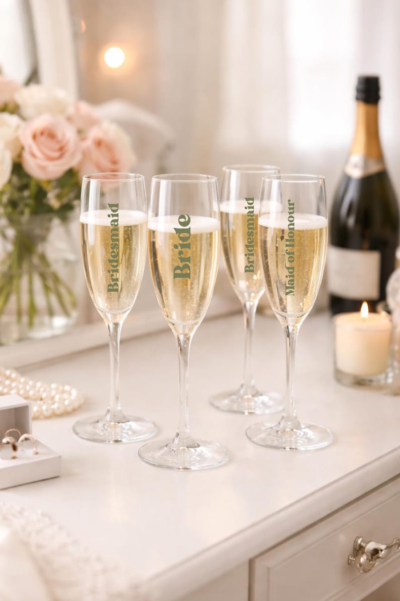 May include: Four champagne flutes filled with sparkling wine, with the words "Bride", "Bridesmaid", and "Maid of Honour" printed on them. A bottle of champagne and a lit candle are in the background.