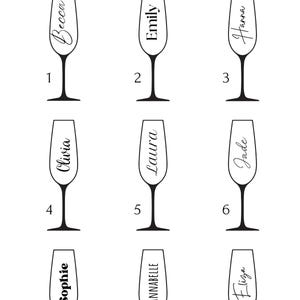 May include: Nine champagne flutes with names in various fonts. The names include Becca, Emily, Hanna, Olivia, Laura, Jade, Sophie, Annabelle, and Eliza. The text "Font options" is at the top.