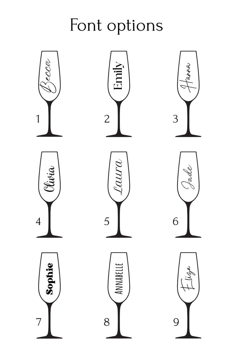 May include: Nine champagne flutes with names in various fonts. The names include Becca, Emily, Hanna, Olivia, Laura, Jade, Sophie, Annabelle, and Eliza. The text "Font options" is at the top.