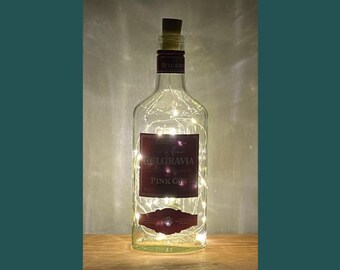 Belgravia Pink Gin Bottle Lamp | Warm / Bright LED Lights | Light Up Gin Bottle | Cork Fairy Lights | Upcycled Gin Gift