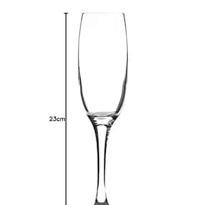 May include: A clear champagne flute with a slender stem. The glass is 23cm tall and 5cm wide at the base. The word "Dimensions" is written above the glass.