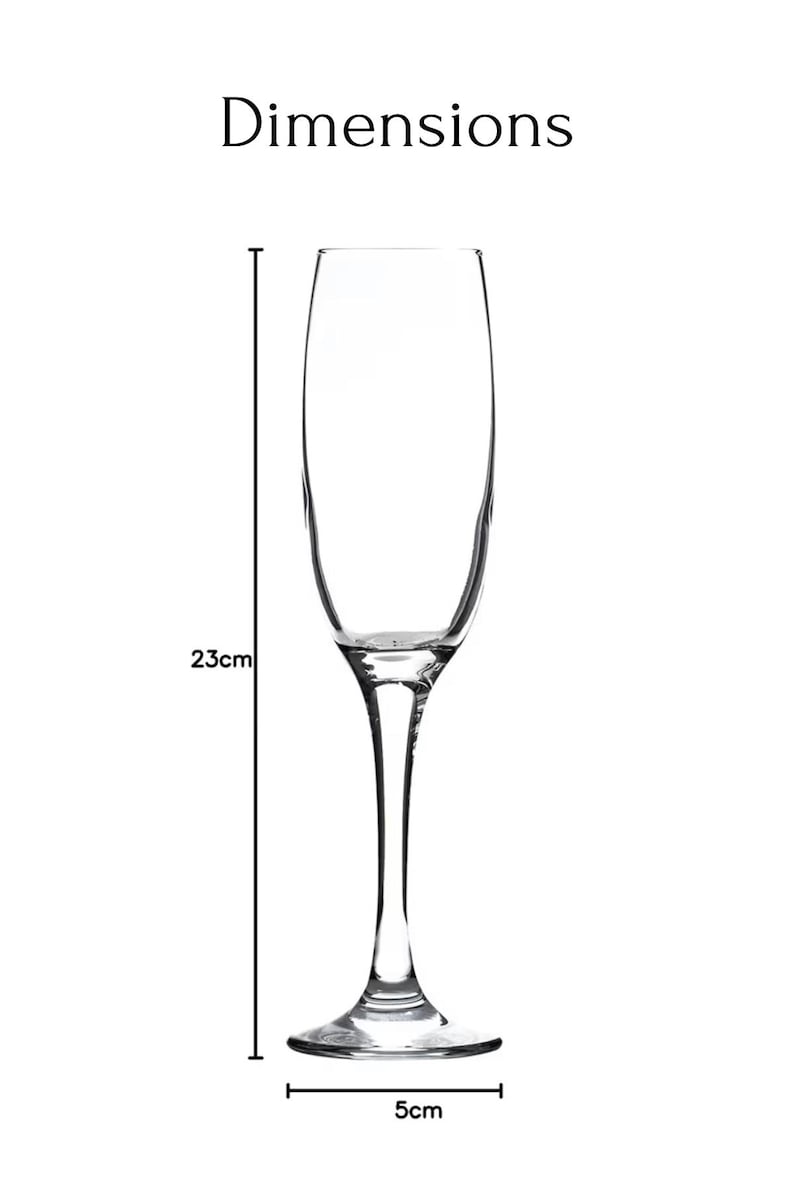 May include: A clear champagne flute with a slender stem. The glass is 23cm tall and 5cm wide at the base. The word "Dimensions" is written above the glass.