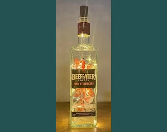 Beefeater Strawberry Gin Bottle Lamp | Warm LED Lights | Light Up Gin Bottle | Cork Fairy Lights | Upcycled Gin Gift
