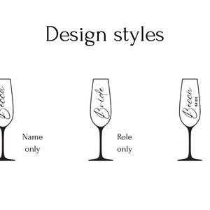 May include: An image displaying three champagne flutes with different text options. The text options include a name, a role, or a name and role combination. The words "Design styles" are at the top.