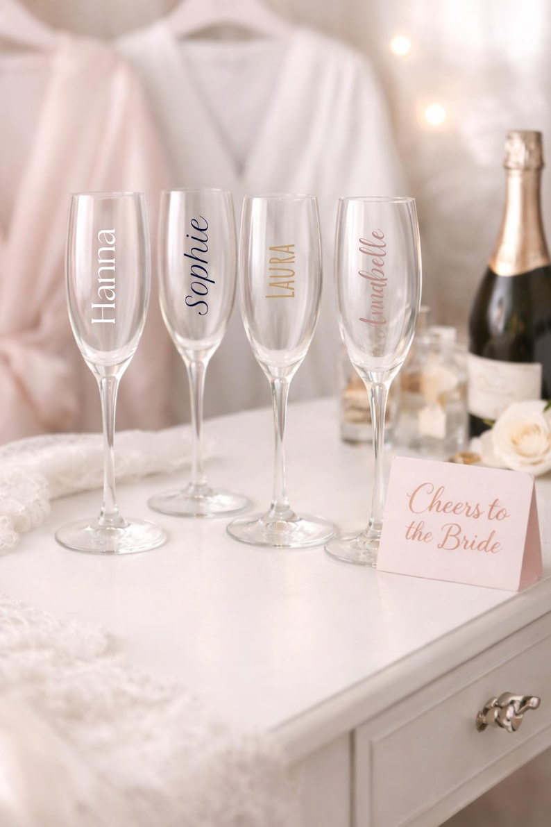 May include: Four champagne flutes with names Hanna, Sophie, Laura, and Annabelle printed on them. A small card reads "Cheers to the Bride." A bottle of champagne and a white rose are in the background. The flutes are on a white surface.