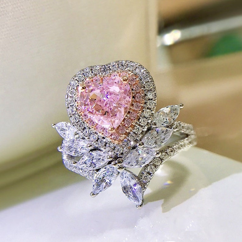 7mm Luxury Pink Heart Diamond Ring. Pink Heart Rings. Pink - Etsy