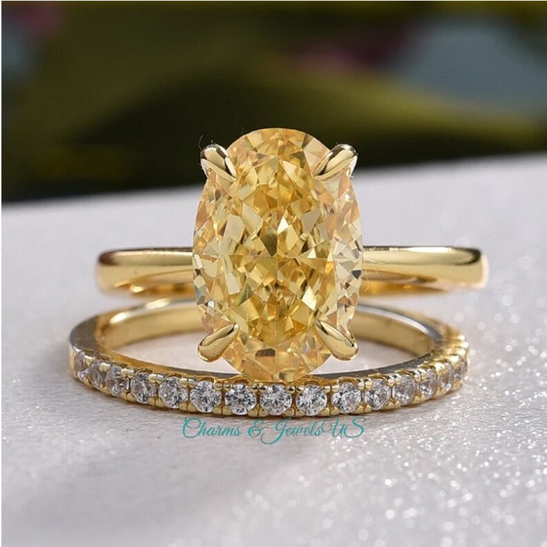 8*10mm Elegant Yellow Diamond Ring Set. Yellow Canary Rings. Citrine Rings. Oval Cut Rings. 925 Silver 14k Yellow Gold Plated. Gift Ideas 