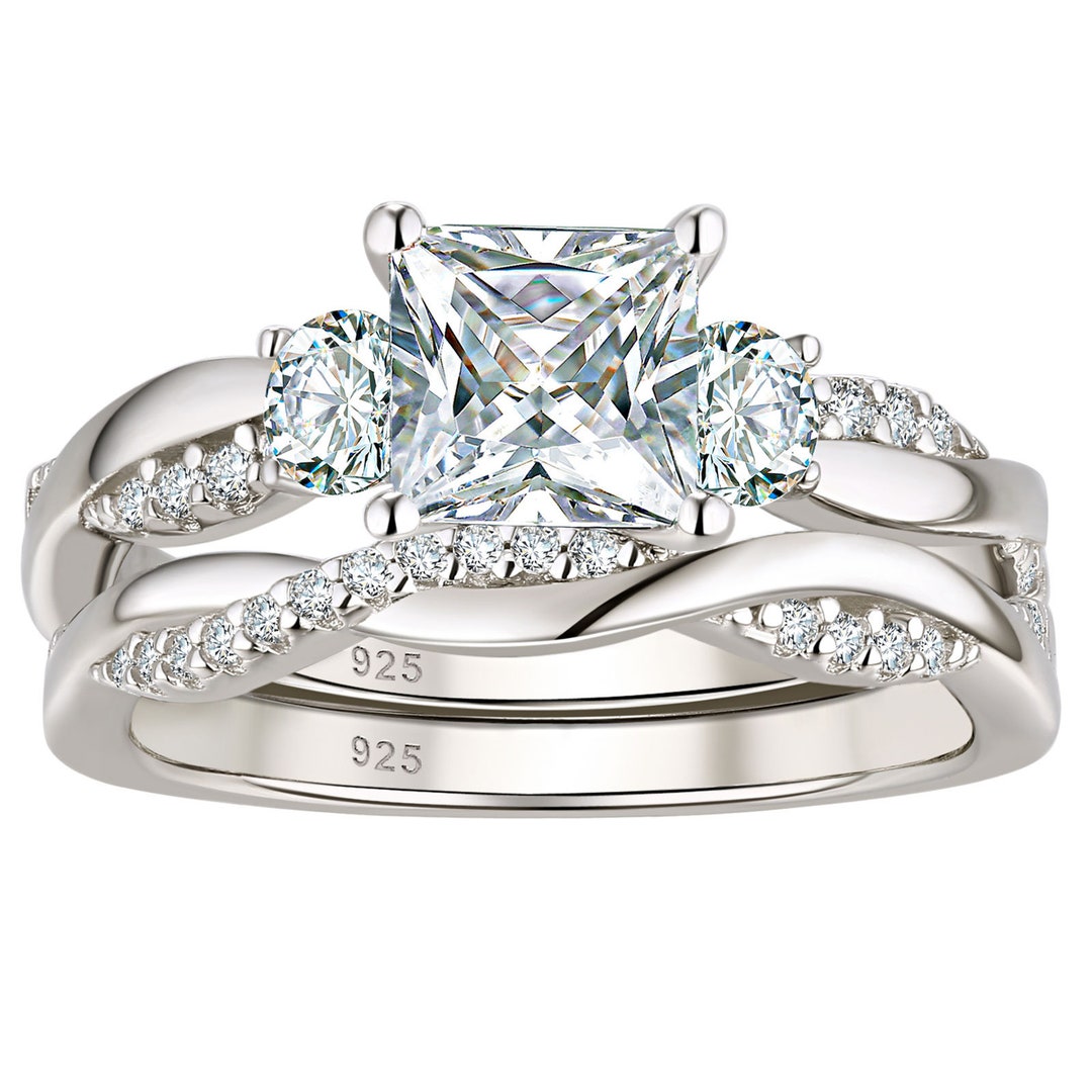 Dainty Minimalist Princess Cut Wedding Ring Set Twist Cross - Etsy