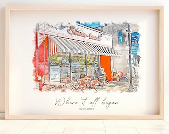 May include: A watercolor illustration of a storefront with a red awning and the words "Sweet Surrender" above the entrance. The storefront has a red door and windows with tables and chairs outside. The text "Where it all began" and the date "07.03.2017" are below the storefront.