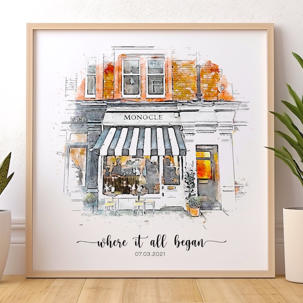 Donde todo comenzó, donde nos conocimos, impresión a partir de una foto – Regalo de aniversario personalizado para él – Acuarela del restaurante de nuestra primera cita