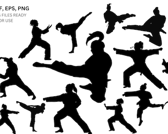 Female Karate Uniform Silhouette - Jump Turn Kick Vector Digital File ...