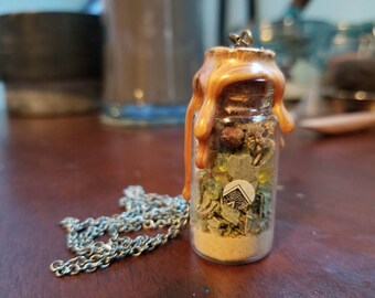 Abundance Spell Jar Necklace | Handmade Witchcraft Charm, Crystal Herb Pendant
