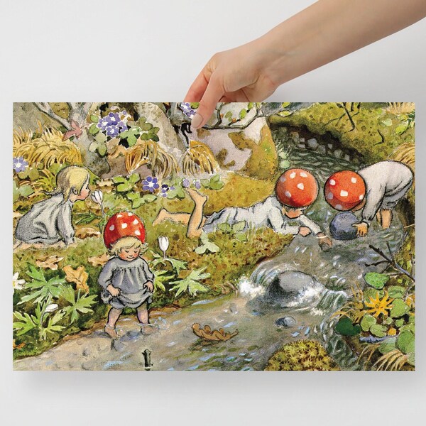 Forest Kids by River Poster, Mushroom Kids Poster, Forest Children Wall art, Vintage Mushroom Poster, Mother Mushroom Wall art