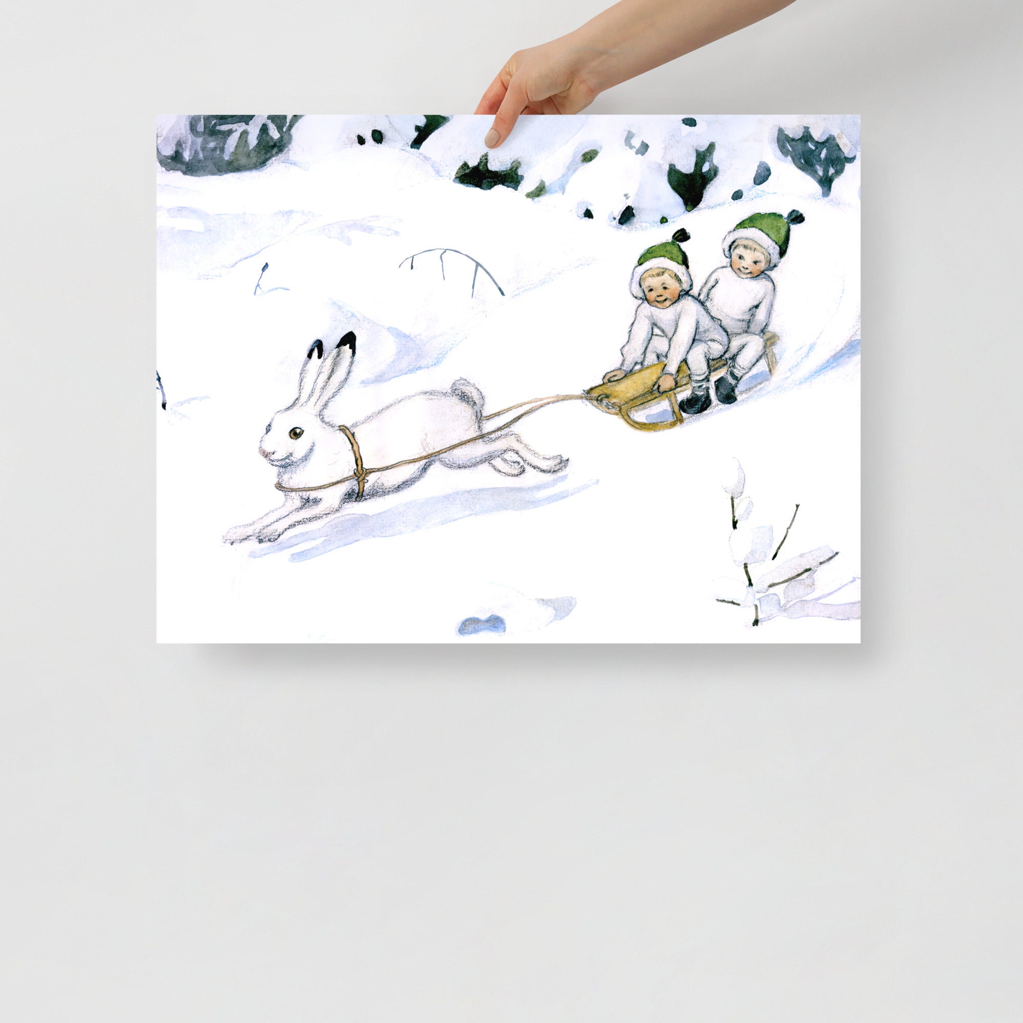 Bunny Sled Poster by Elsa Beskow, Kids Sledding in the Snow by a Rabbit ...