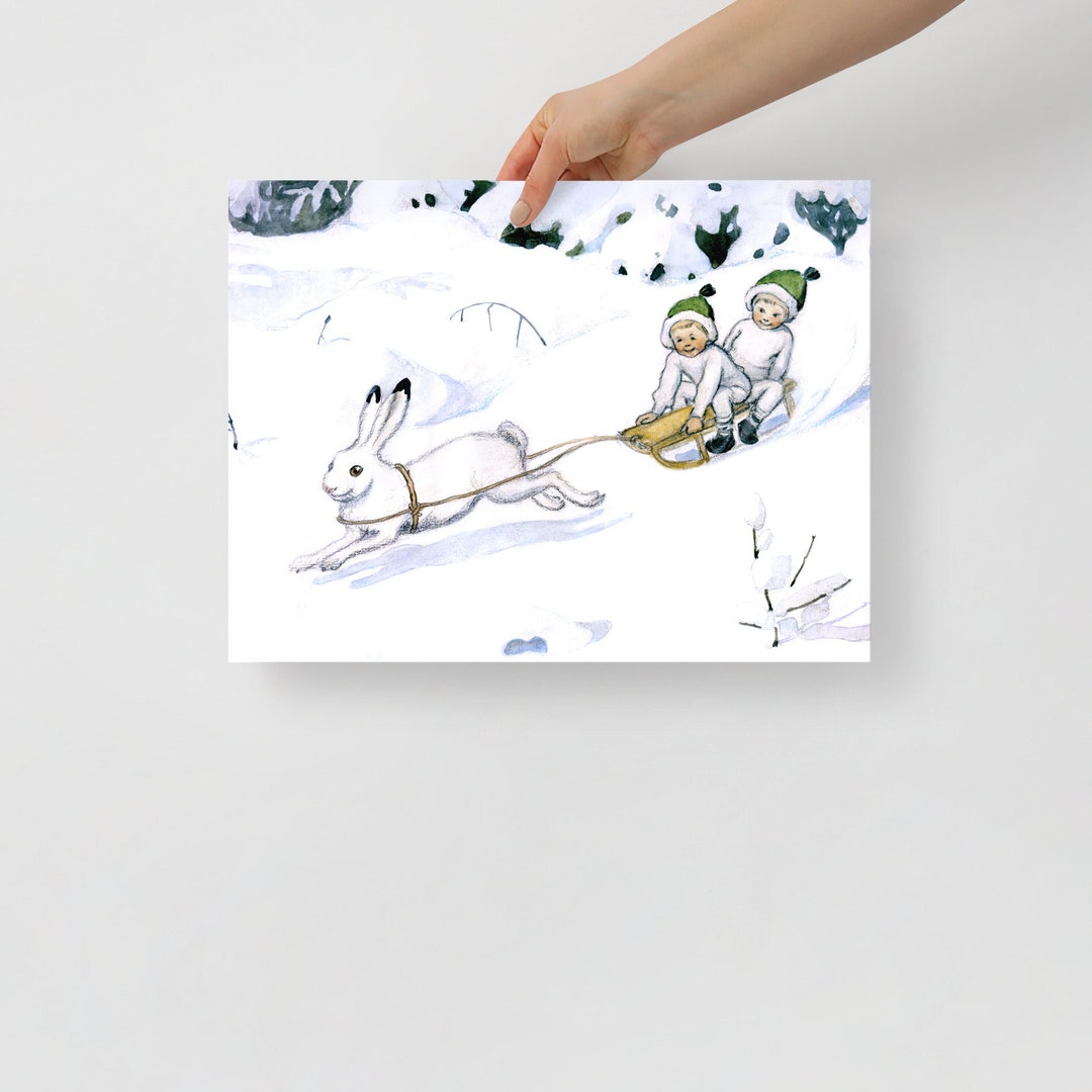 Bunny Sled Poster by Elsa Beskow, Kids Sledding in the Snow by a Rabbit ...