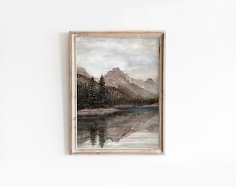 Peaceful Mountain Reflection- Watercolour and Acrylic Art- Farmhouse, Rustic, Vintage Style- PRINTABLE