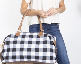 Buffalo Plaid black and white Duffle Bag, Checkered Duffle bag, Weekend Bag, Travel Bag, Gifts for her