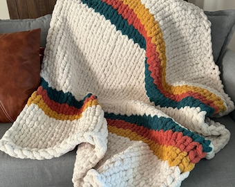 Retro handmade chunky knit chenille blanket, Farmhouse throw blanket, Housewarming gift, Graduation, Picnic blanket, Boho, Free US shipping