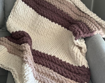 Stripe handmade chunky knit chenille blanket, Farmhouse throw blanket, Housewarming gift, New Mom, Picnic blanket, Grad gift, Gift for Him