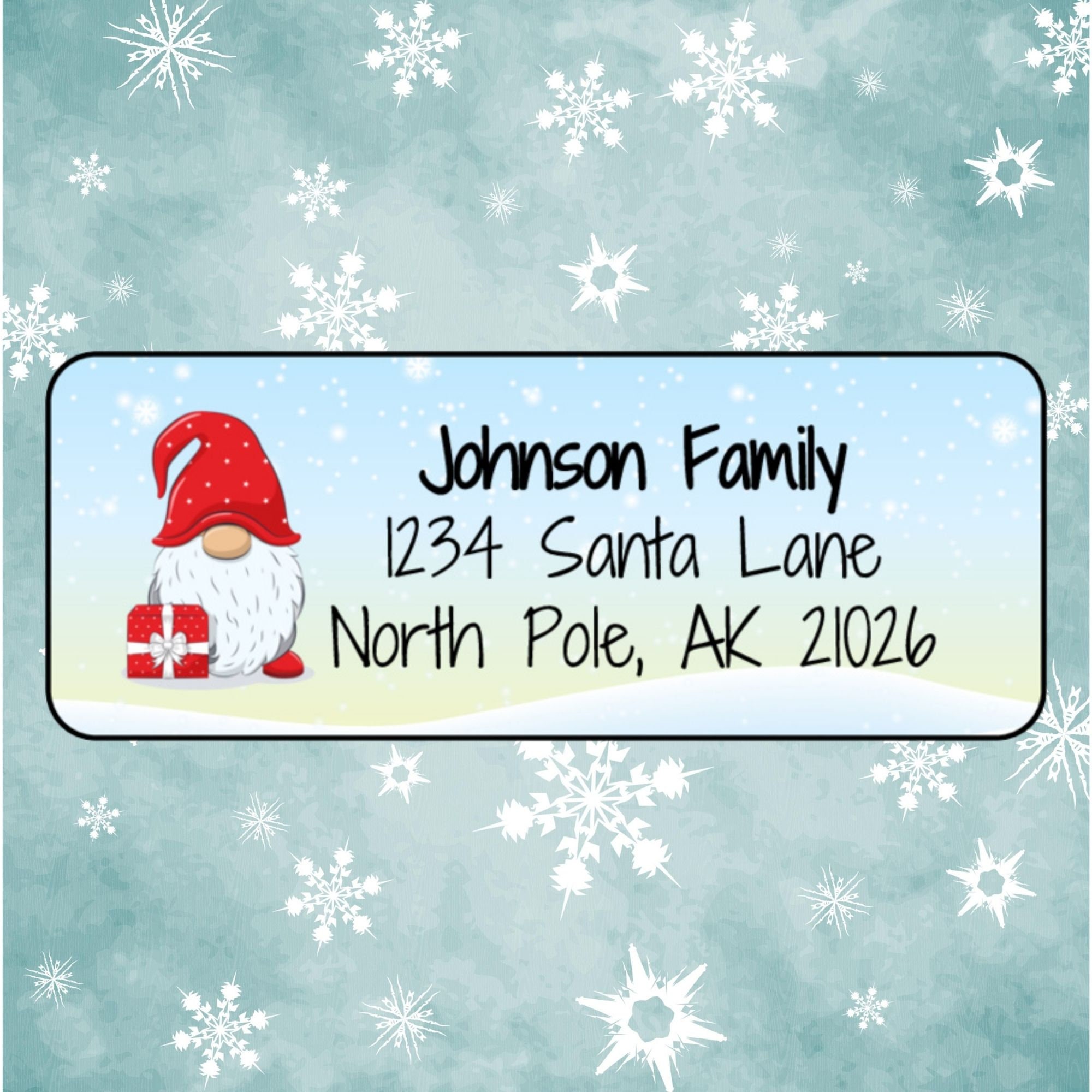 Fun Gnome Christmas Address Labels with Blue Snowflakes - Digital Art Star