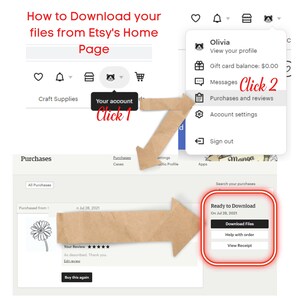 May include: A screenshot of the Etsy website showing how to download digital files from your purchases. The image shows a brown arrow pointing to the "Your account" button, and another brown arrow pointing to the "Download Files" button. The text "Click 1" is written on the first arrow, and the text "Click 2" is written on the second arrow.