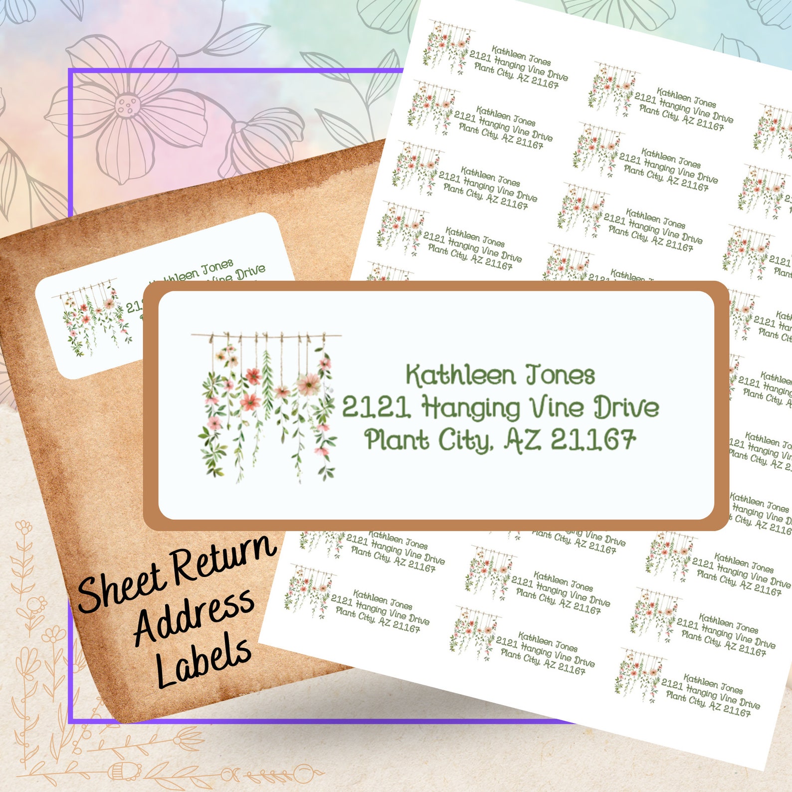 Hanging Sticker Label Floral Hanging Vines Return Address Labels: Personalized Self-adhesive ...