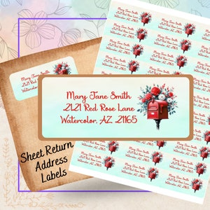 Red Rose Vintage Style Mailbox, Return Address Labels, Christmas Stocking Stuffer, Custom Personal Address Stickers, Address Stickers
