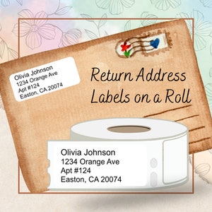 May include: A roll of return address labels with a vintage envelope design. The label reads "Olivia Johnson, 1234 Orange Ave, Apt #124, Easton, CA 20074".