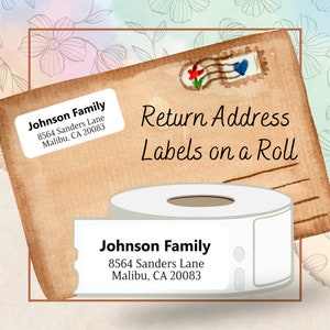May include: A roll of white return address labels with the text "Johnson Family 8564 Sanders Lane Malibu, CA 20083" printed on the label. The roll is on a brown background with a vintage envelope and the text "Return Address Labels on a Roll".