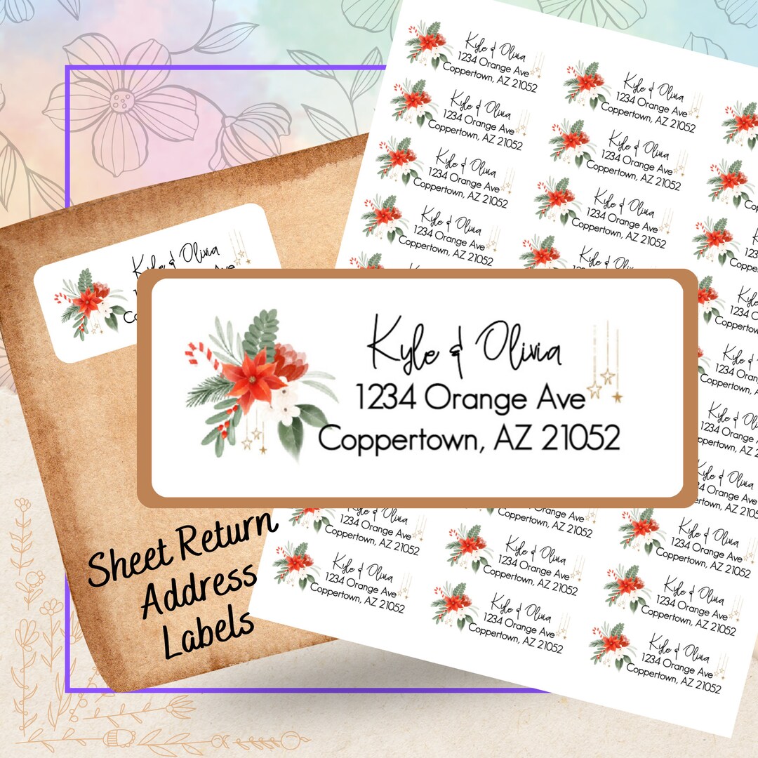 30 Poinsettia Christmas Personalized Return Address Labels – 1x2.625 Inch Matte Stickers