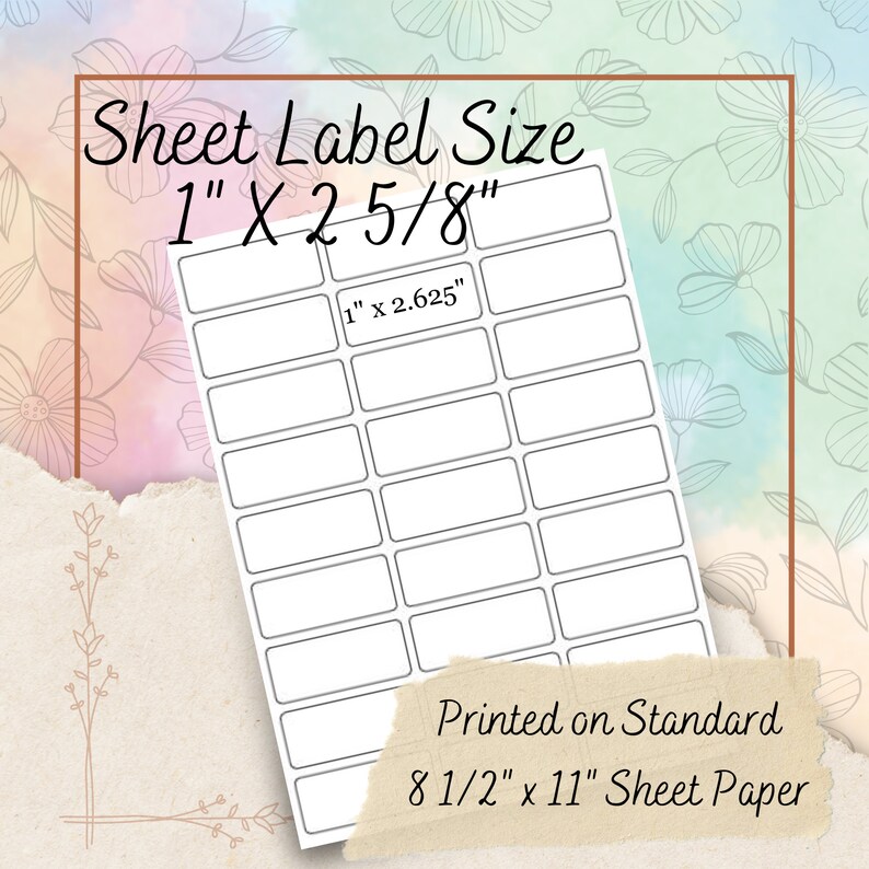 May include: A sheet of 1 inch by 2 5/8 inch labels, printed on standard 8 1/2 inch by 11 inch sheet paper. The sheet has 15 labels in total.