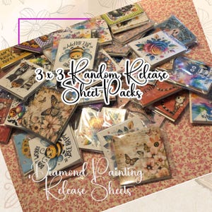 May include: A collection of 3x3 Random Release Sheet Packs for diamond painting. The packs feature various designs, including butterflies, bees, flowers, and cats. The text on the packs includes "BEE HAPPY", "DON'T WORRY", and "CAN'T ADULT TODAY".