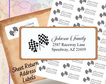 Race Car Flags Return Address Labels: Personalized Racing Fan Gift, Sheet Labels