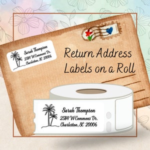 May include: A roll of return address labels with a palm tree design. The labels feature the text "Sarah Thompson, 2584 W Commons Dr., Charleston, SC 20006".