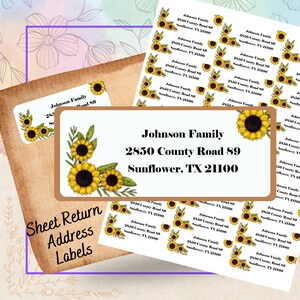 May include: A sheet of address labels with a sunflower design. The labels feature the text "Johnson Family", "2850 County Road 89", and "Sunflower, TX 21100".