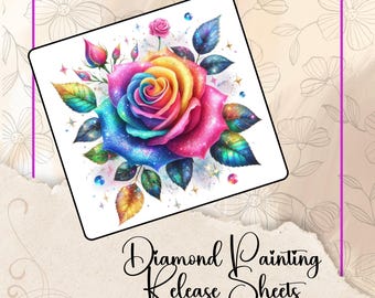 Reusable Diamond Painting Release Papers: Watercolor Rainbow Rose Design, Silicone Backed, Customizable