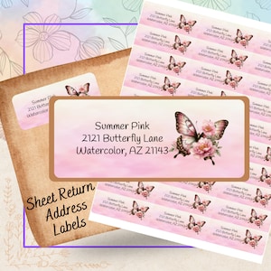 May include: A sheet of return address labels with a pink and white watercolor butterfly design. The labels feature the text "Summer Pink 2121 Butterfly Lane Watercolor, AZ 21143".