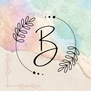 May include: A watercolor background with a floral pattern in shades of pink, blue, and green. The letter "B" is in a black cursive font inside a circle with a floral design. The circle is surrounded by three black dots.