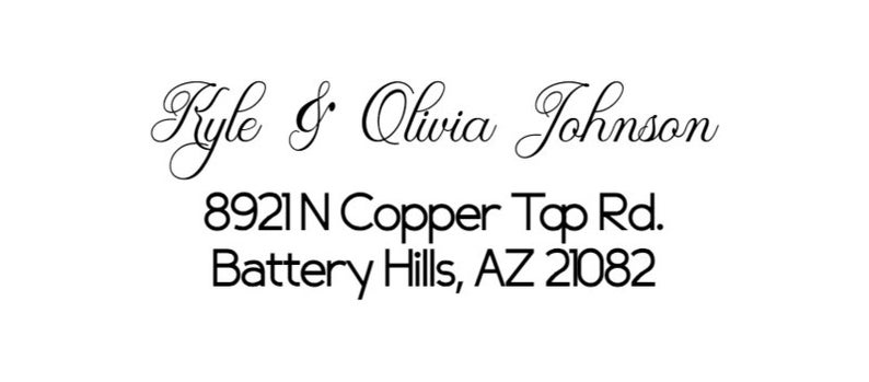May include: A return address label with the name "Kyle & Olivia Johnson" and the address "8921 N Copper Top Rd. Battery Hills, AZ 21082".