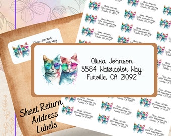 Return Address Labels, Watercolor Cats Return Stickers, Cat Lover Address Label, Custom Housewarming Gift, Gifts for Her, Beautiful Cats