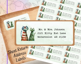 Kitty Cat Couple Return Address Labels: Custom Wedding Self-Adhesive Sheets