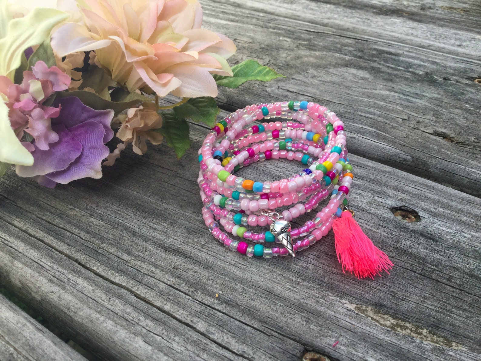 Memory Wire Beaded Bracelet Pink Bracelet Handmade Etsy UK