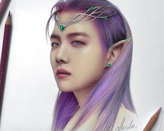 Dibujo a lápiz de colores con el tema BTS J-Hope 'Elf Prince': IMPRESIÓN del fanart original