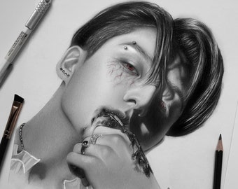 May include: A black and white pencil drawing of a person with red eyes and a dark expression. The person is biting their lip and has a ring on their finger. The drawing is signed "Juda" and "@sinutiae".